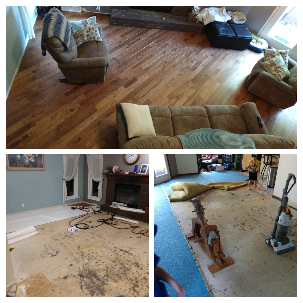 Before and after transformation collage of hardwood flooring